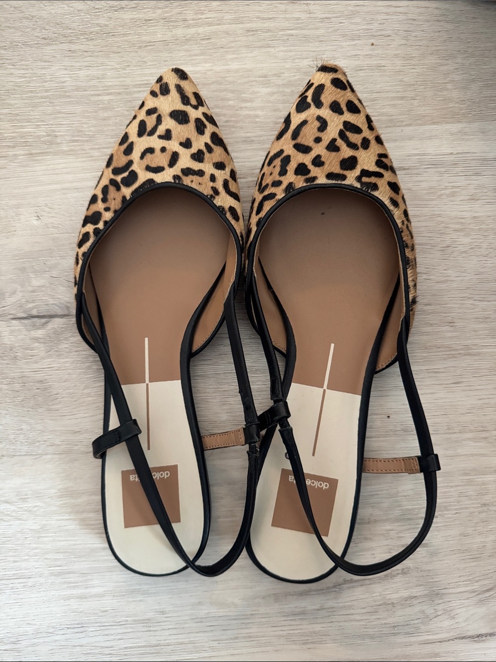 Dolce Vita Leopard Print Pointed pony hair Slingback Flats in Tan and Black